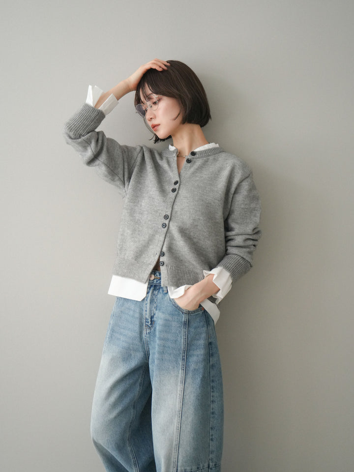 [SET]布帛ドッキングニットカーディガン+ガーメントウォッシュカーブデニムパンツ(2set)