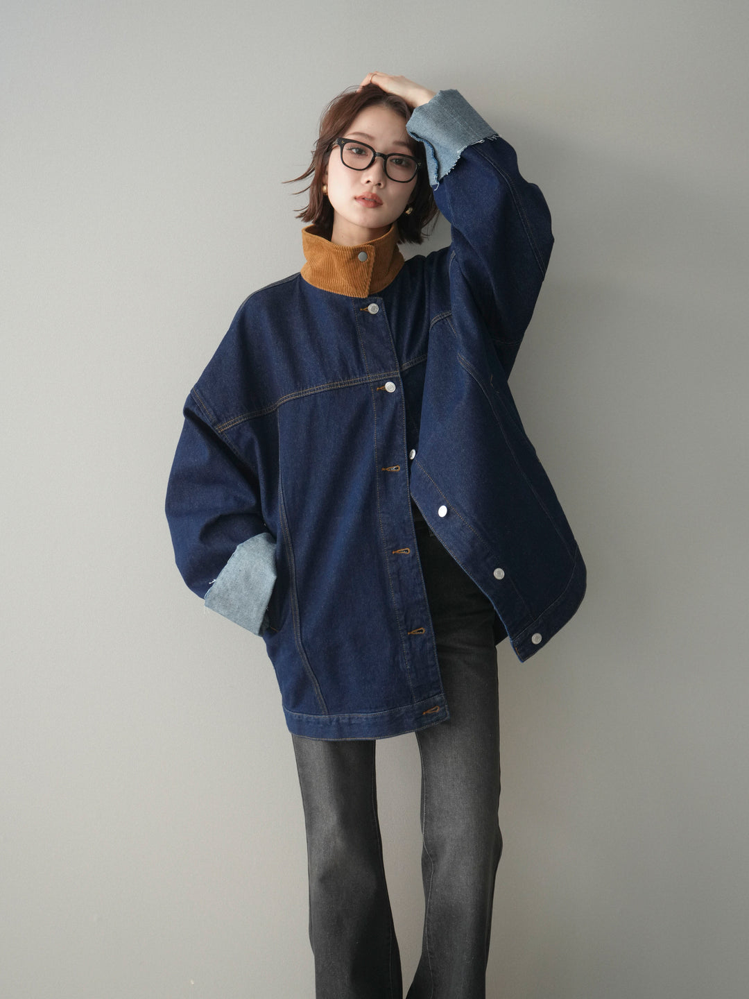 [SET]コーデュロイ×デニムミドルジャケット+フレアデニムパンツ(2set)