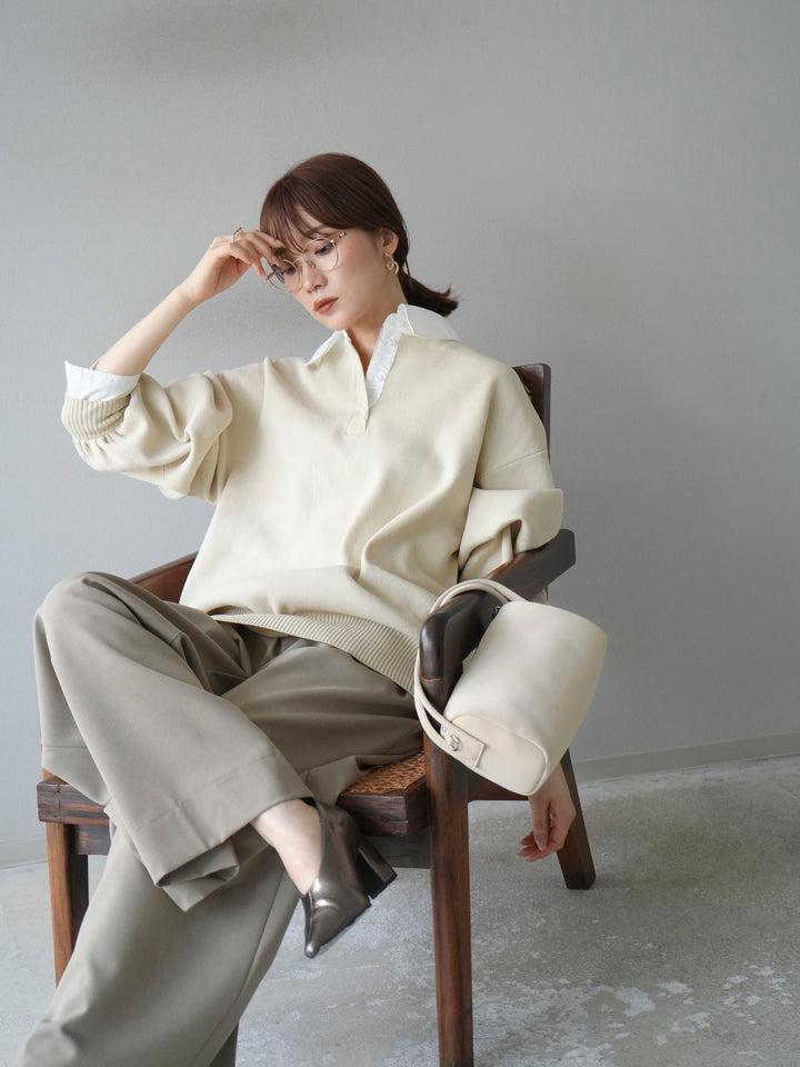 【SET】翻領polo針織套衫+雙褶闊腿褲（2件組）