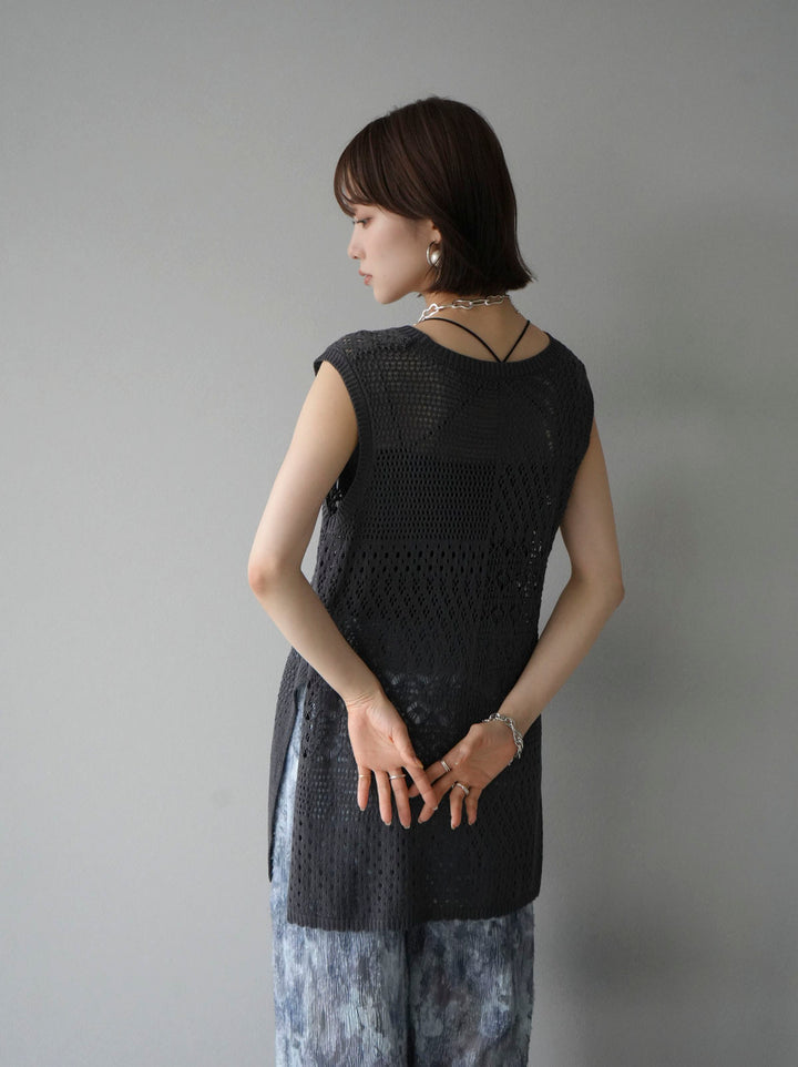 [Pre-order] Openwork side slit knit top/charcoal