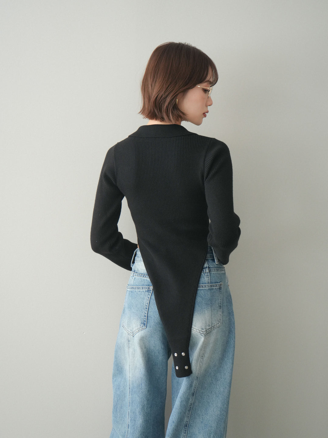 [予約]リブポロニットボディスーツ/black