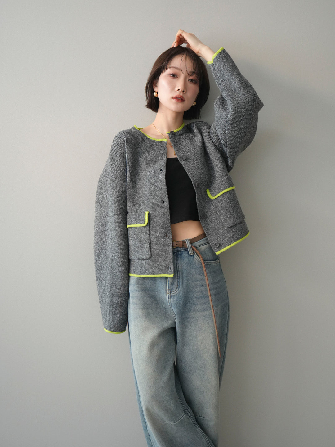 [SET]ポリエステル配色ニットカーディガン+選べるアクセセット(2set)