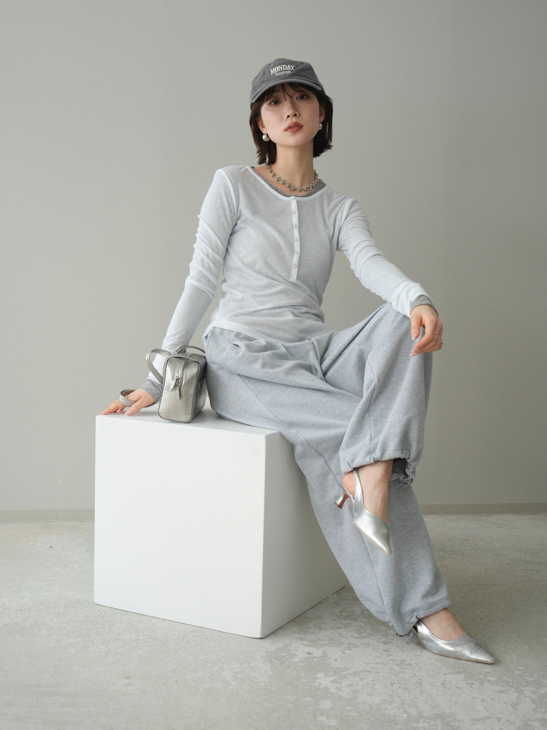 [予約]シアーリブヘンリーネックロンT/white