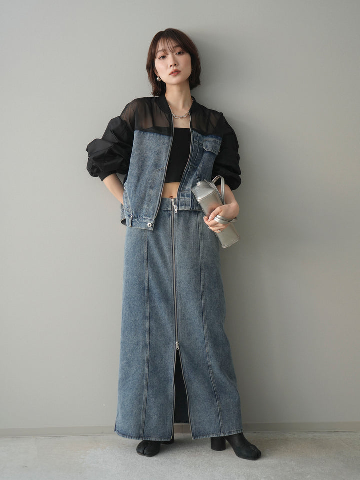 [SET]異素材デニムブルゾン+フロントジップデニムスカート(2set)