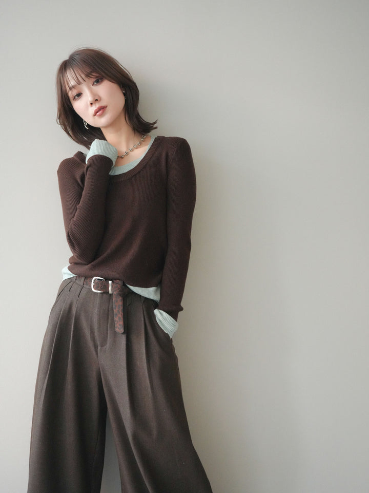 [予約]Uネック配色レイヤードリブニットトップス/brown