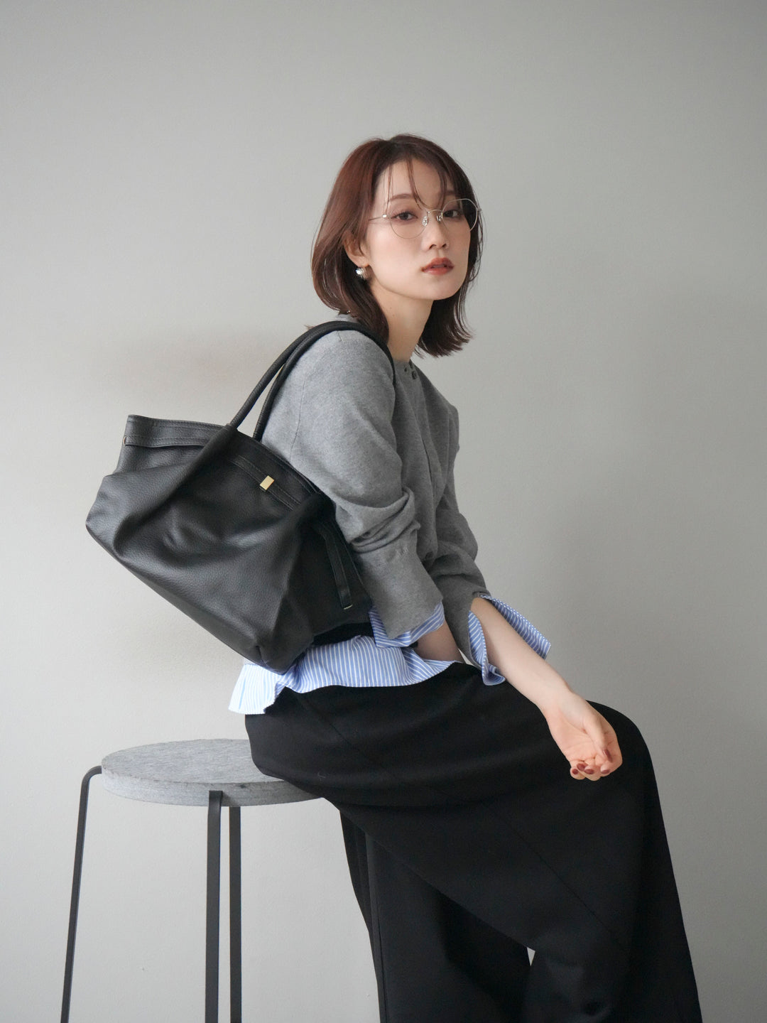 [予約]シャツ襟レイヤードニットカーディガン/gray