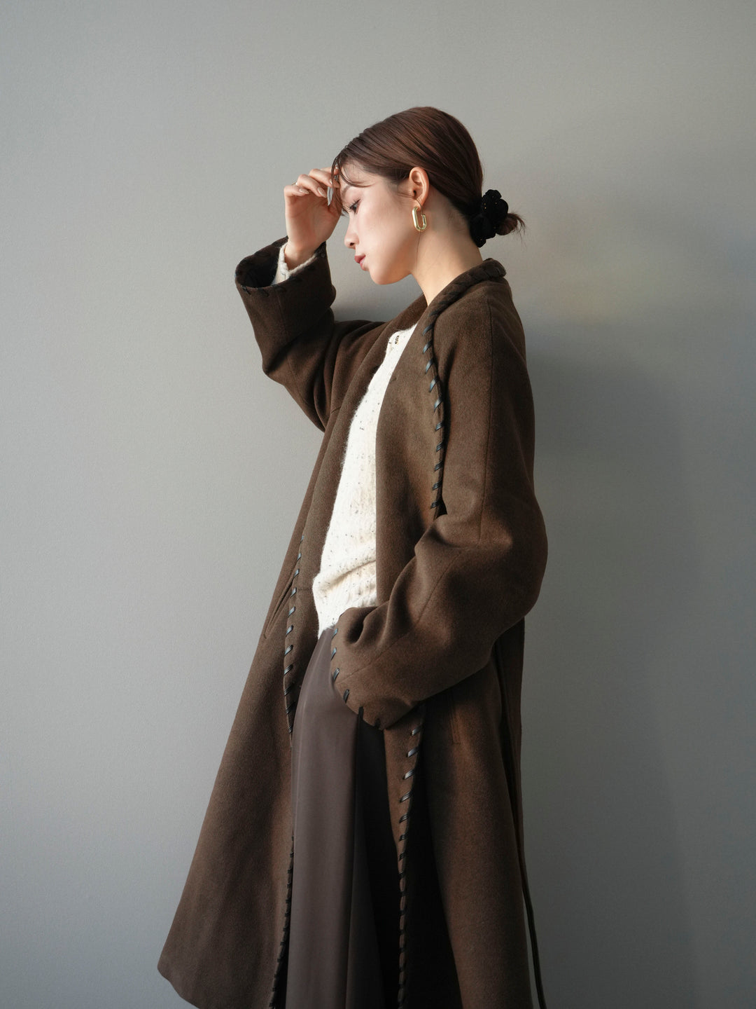 [SET]ハンドステッチ裏中綿ロングコート+ツイストネックラメネップヤーンニットプルオーバー(2set)