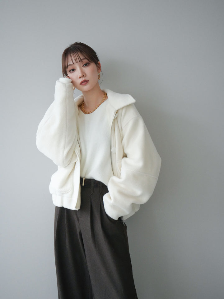 [SET]ウールライクフライトジャケット+シュシュ付きアンゴラタッチVネックニットプルオーバー+アニマル柄ベルト付きウールタッチワイドパンツ(3set)