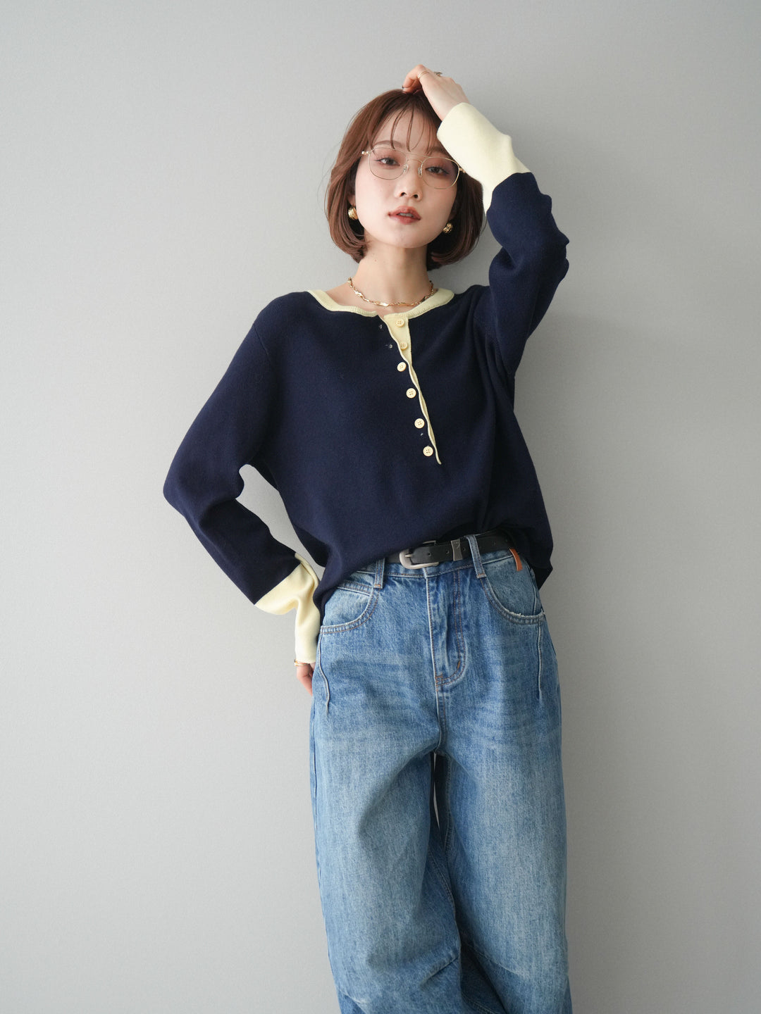 [予約]ヘンリーネック配色ニットソー/navy