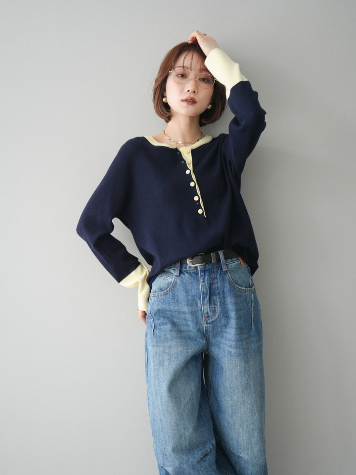 [予約]ヘンリーネック配色ニットソー/navy
