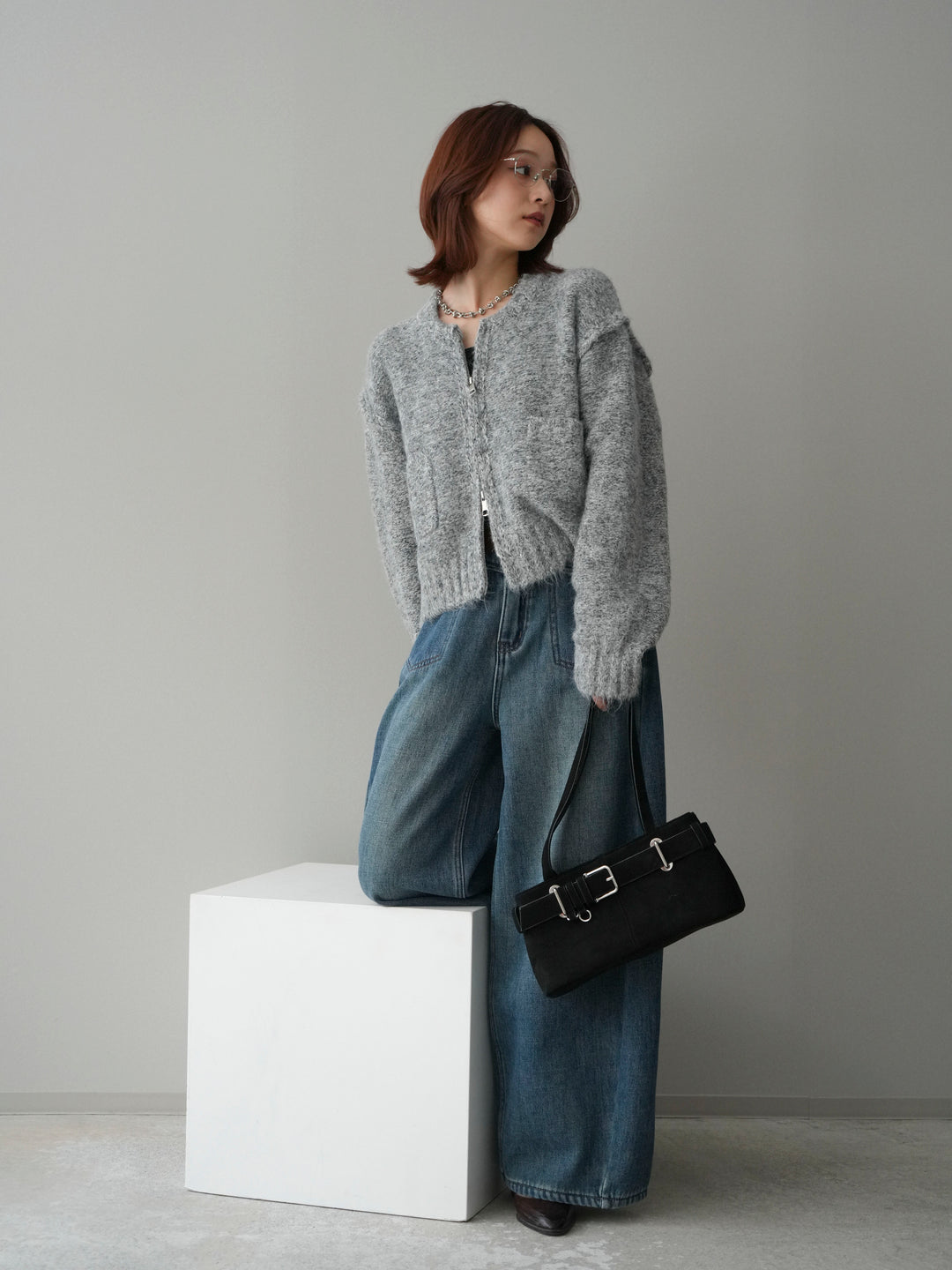 [SET]ミックスヤーンダブルZIPニットカーディガン+ベルト付裏起毛カーブデニムパンツ(2set)