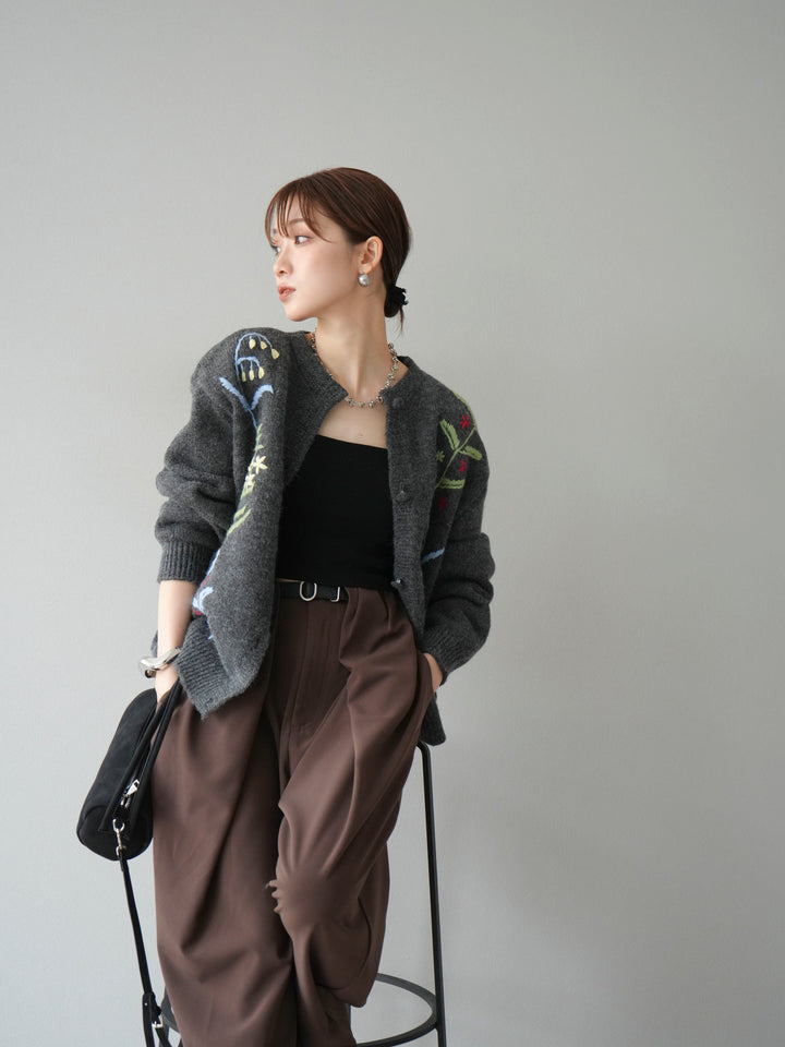[SET]フラワー刺繍ニットカーディガン+ベルト付タックワイドパンツ(2set)