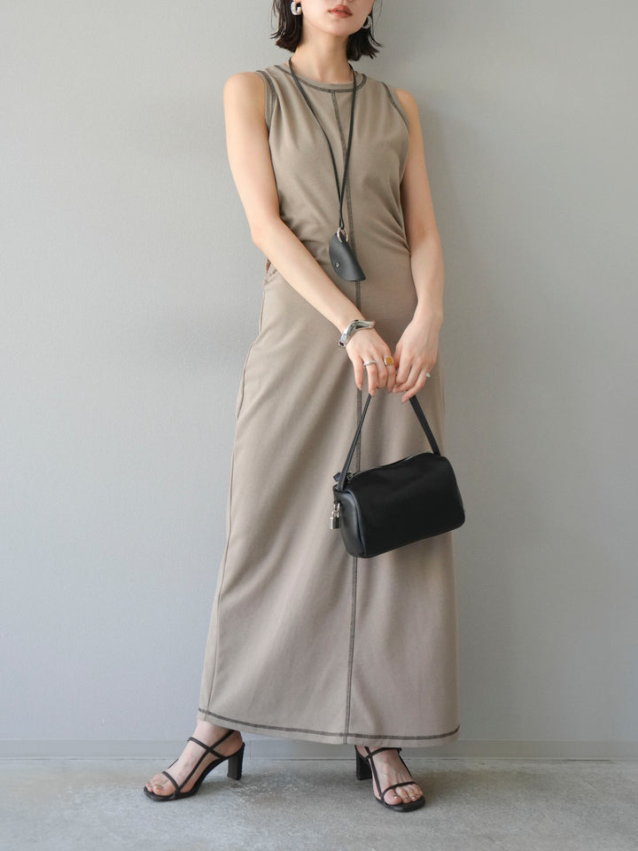 [予約]ウエストオープンステッチカットワンピース/ベージュ