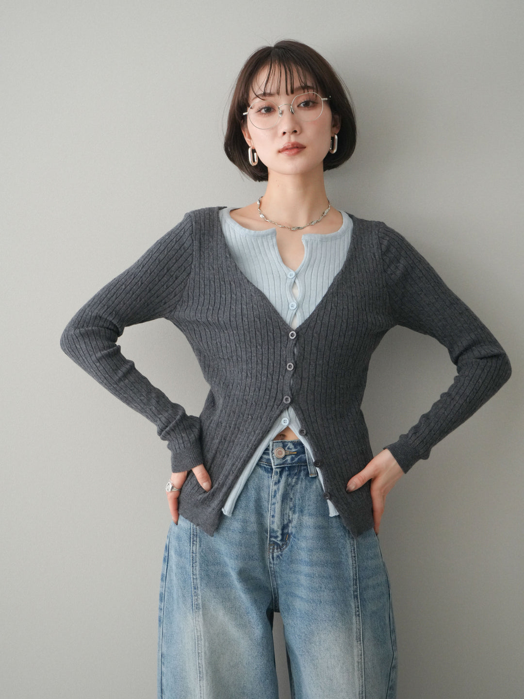 [予約]バイカラーレイヤードニットカーディガン/gray