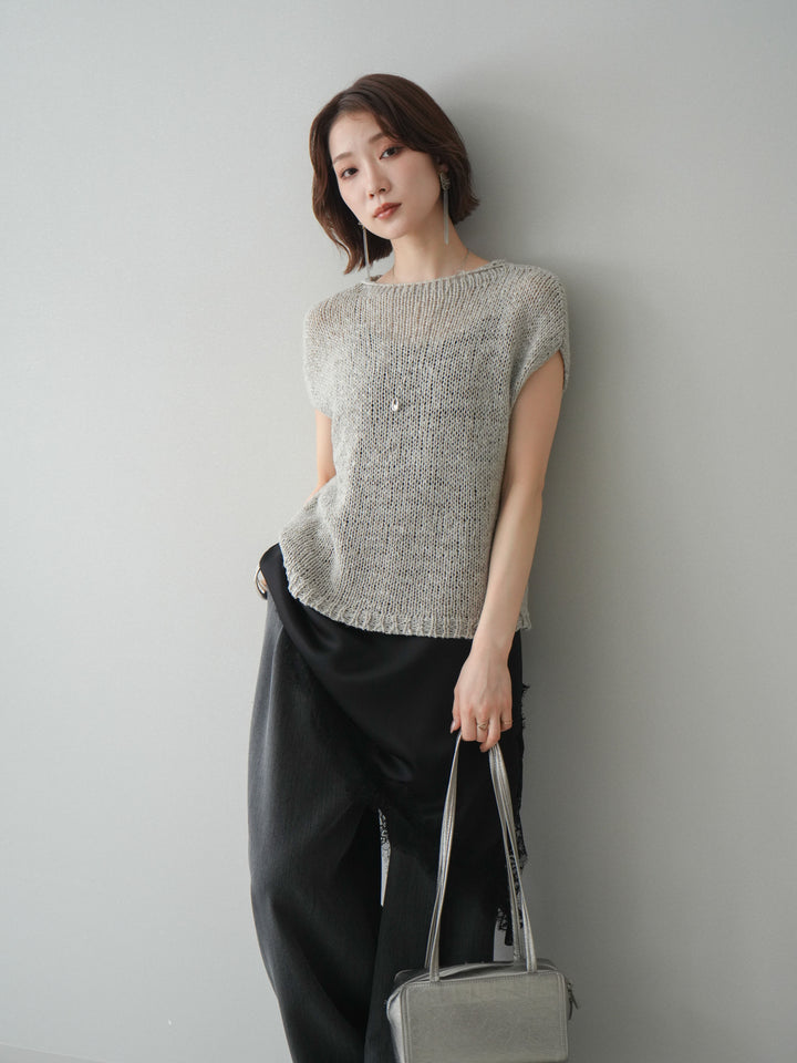 [予約]テープヤーンノースリーブニットトップス/gray