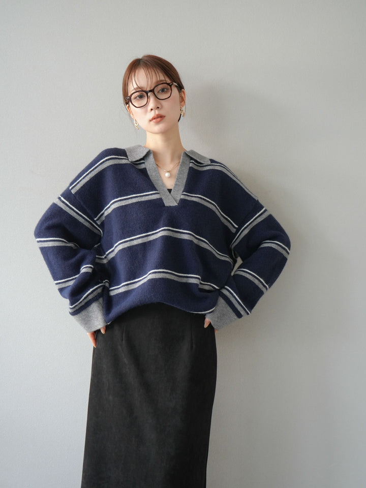 [SET]ポロ襟スキッパーボーダーニットプルオーバー+スウェードIラインスカート(2set)