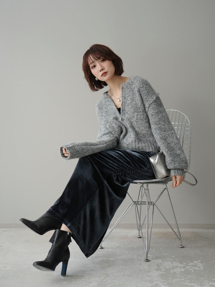 [SET]ミックスヤーンダブルZIPニットカーディガン+ギャザーベロアスカート(2set)