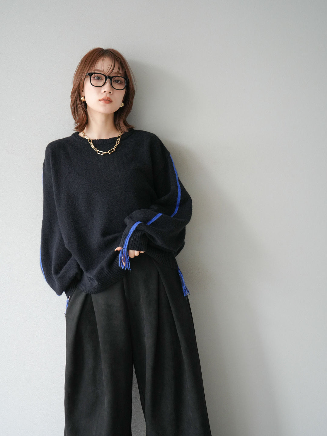 [SET]配色ステッチフリンジニットプルオーバー +スウェードタックワイドパンツ(2set)