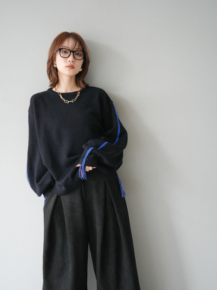 [SET]配色ステッチフリンジニットプルオーバー +スウェードタックワイドパンツ(2set)
