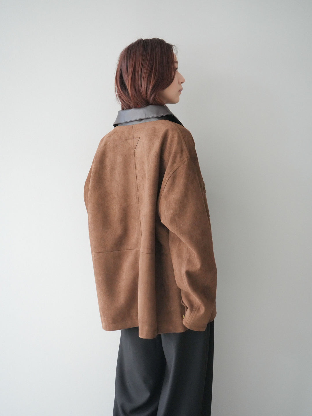 [SET]襟レザーステンカラースエードジャケット+袖ボタンボトルネックリブニットトップス+ベルトループデザインワイドパンツ(3set)