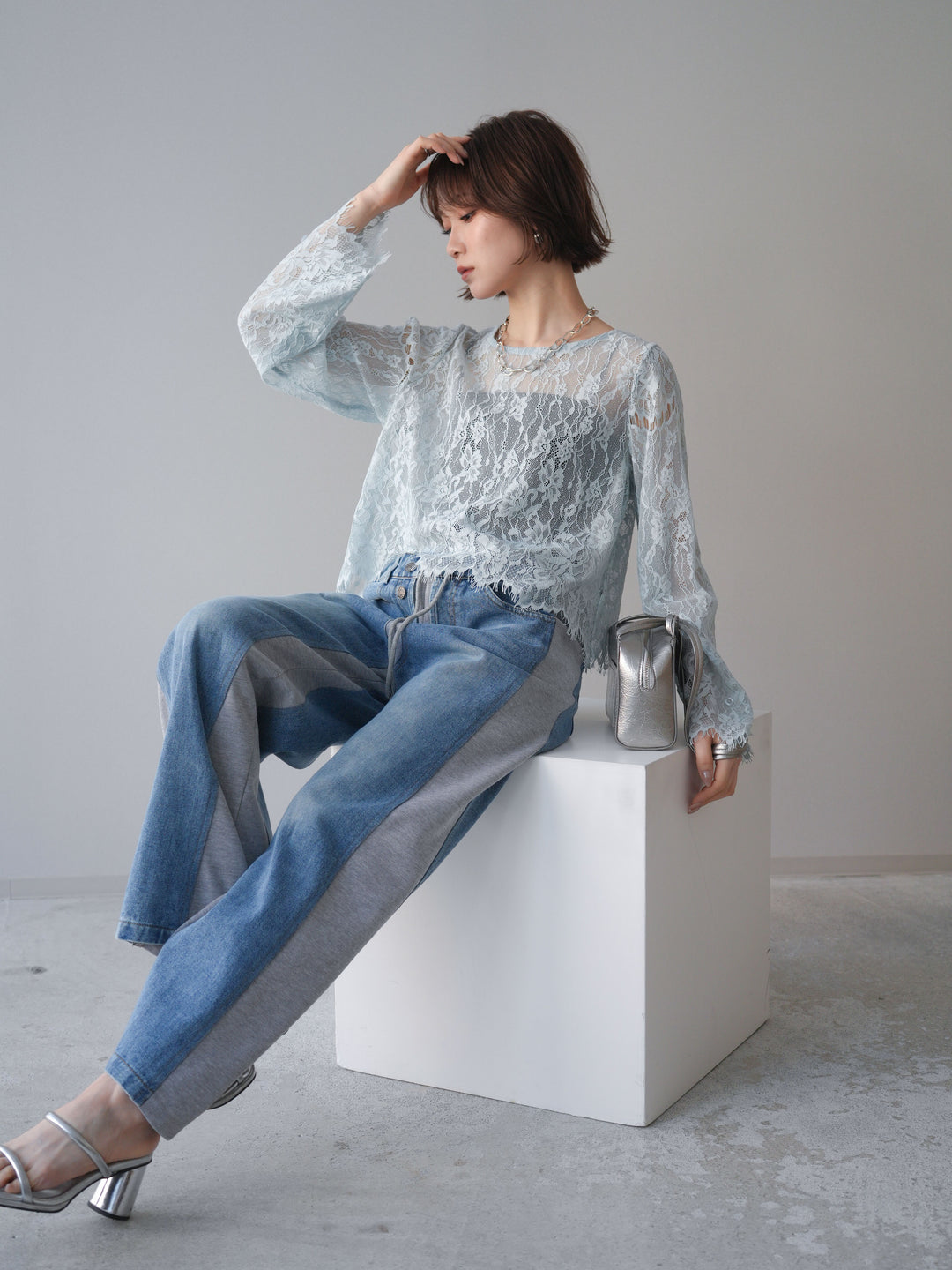 [SET]2WAYスリーブレーストップス+デニム切替スウェットパンツ(2set)