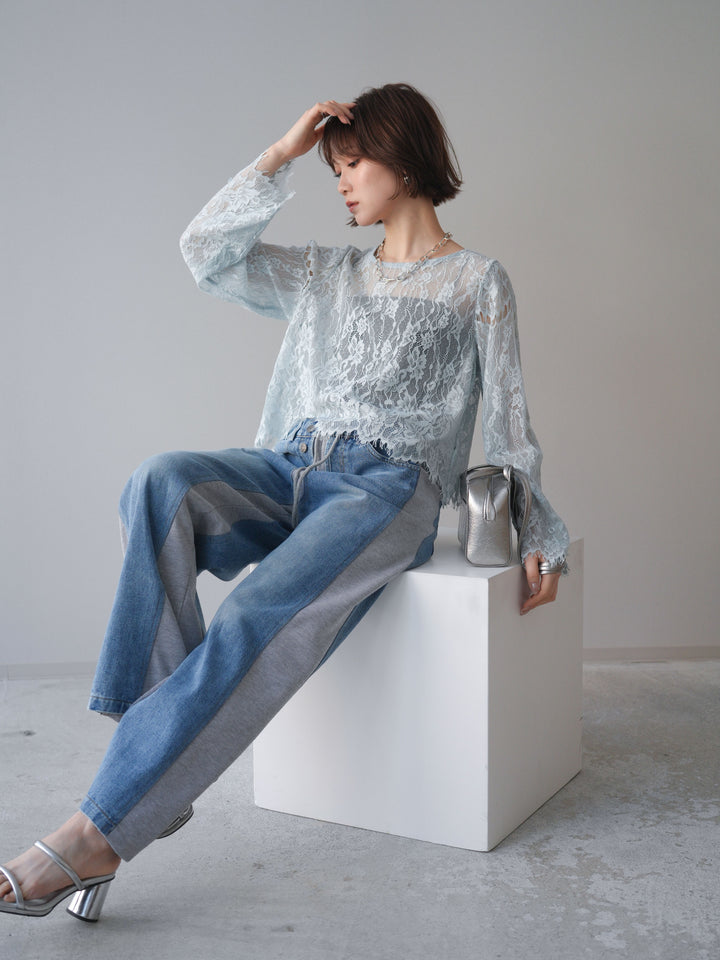 [SET]2WAYスリーブレーストップス+デニム切替スウェットパンツ(2set)