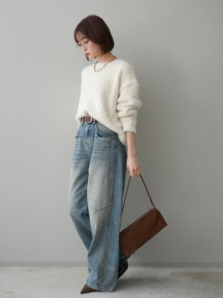 [SET]モールラメミックスヤーンニットプルオーバー+ベルト付カーブデニムパンツ(2set)