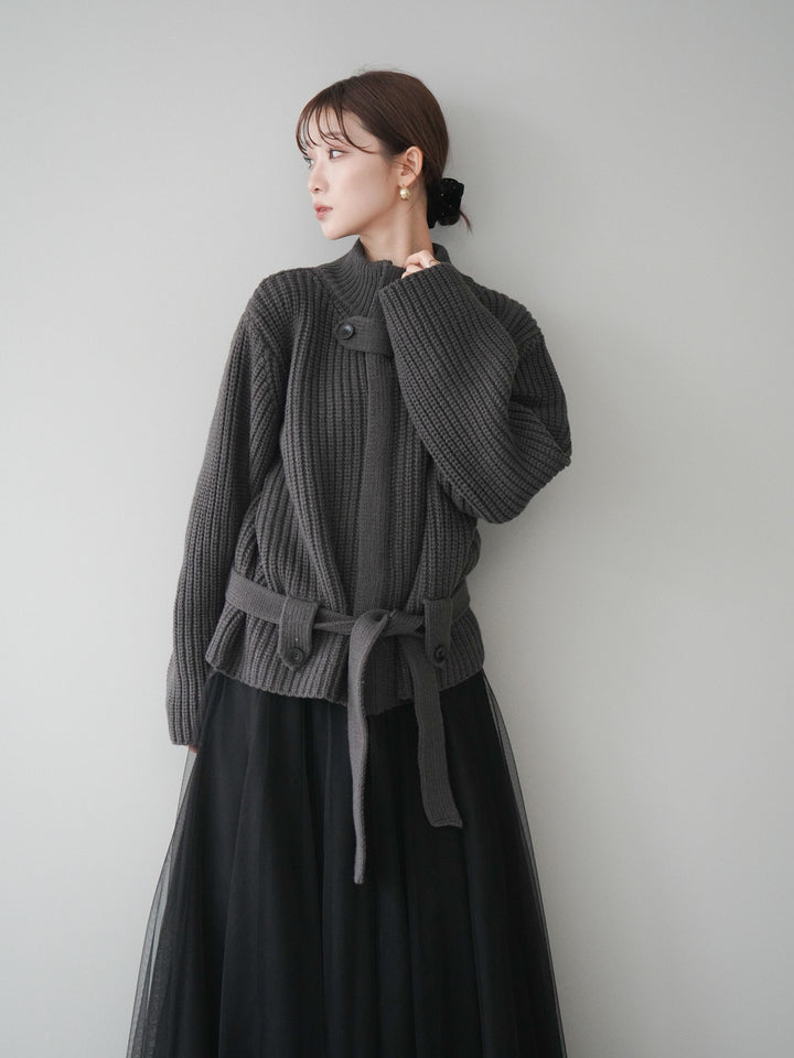 [SET]畦編みボトルネックZIPニットカーディガン+選べるアクセセット(2set)