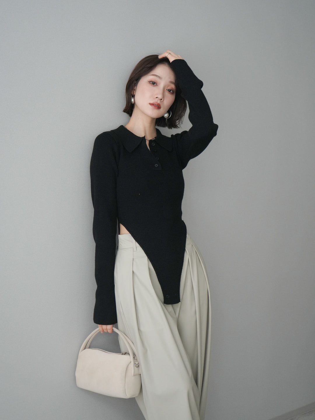 [予約]リブポロニットボディスーツ/black