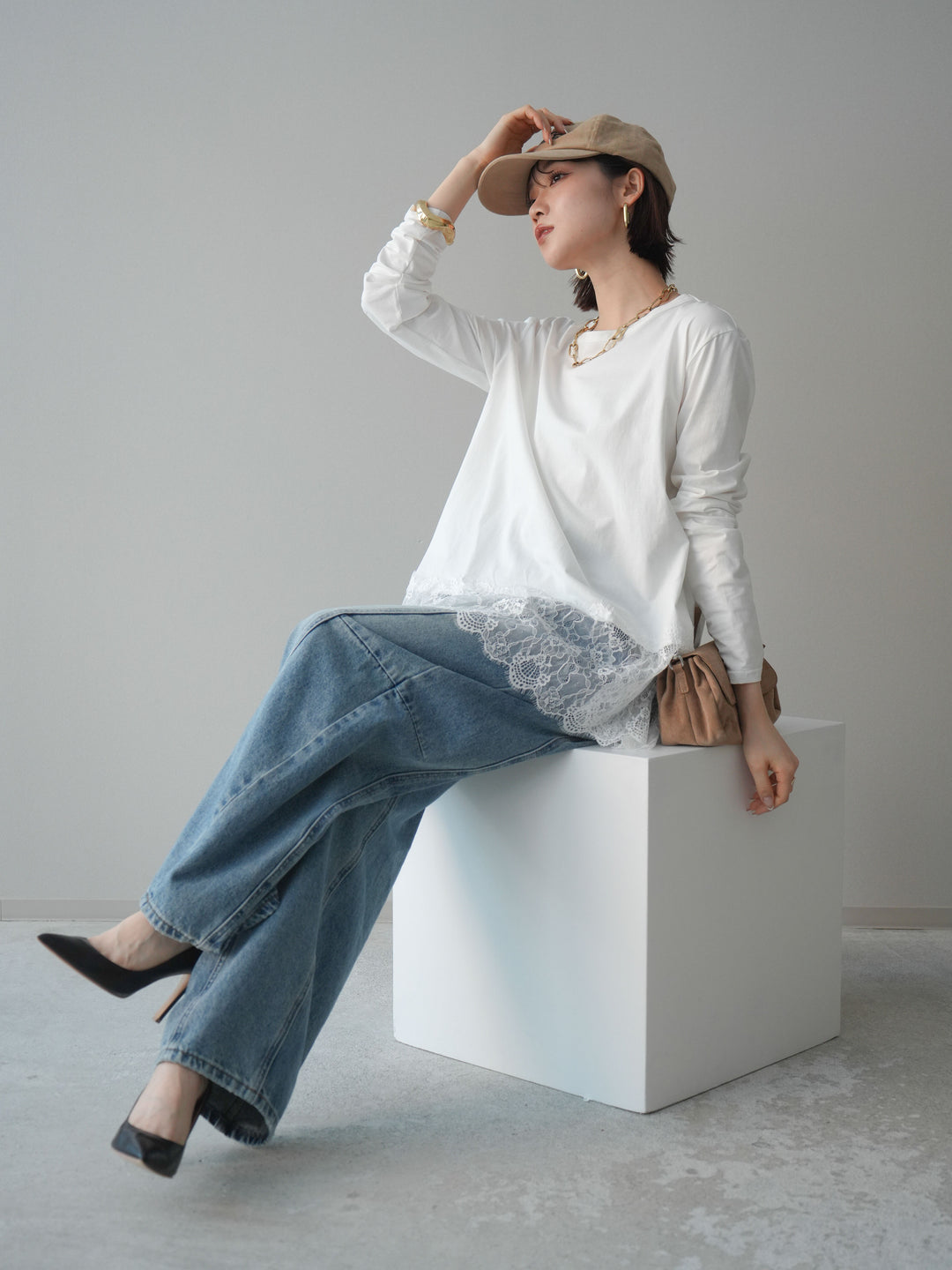 [SET]裾レースロングスリーブTシャツ+選べるアクセセット(2set)