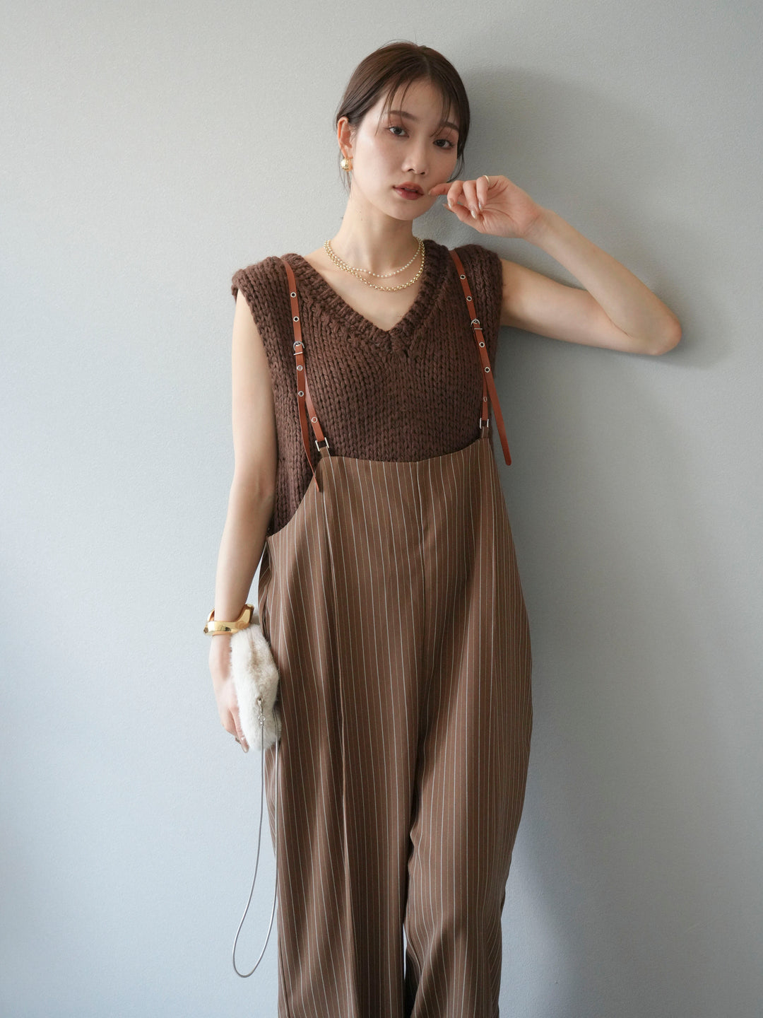 [予約]ヘリンボーンストライプサロペット/ブラウン