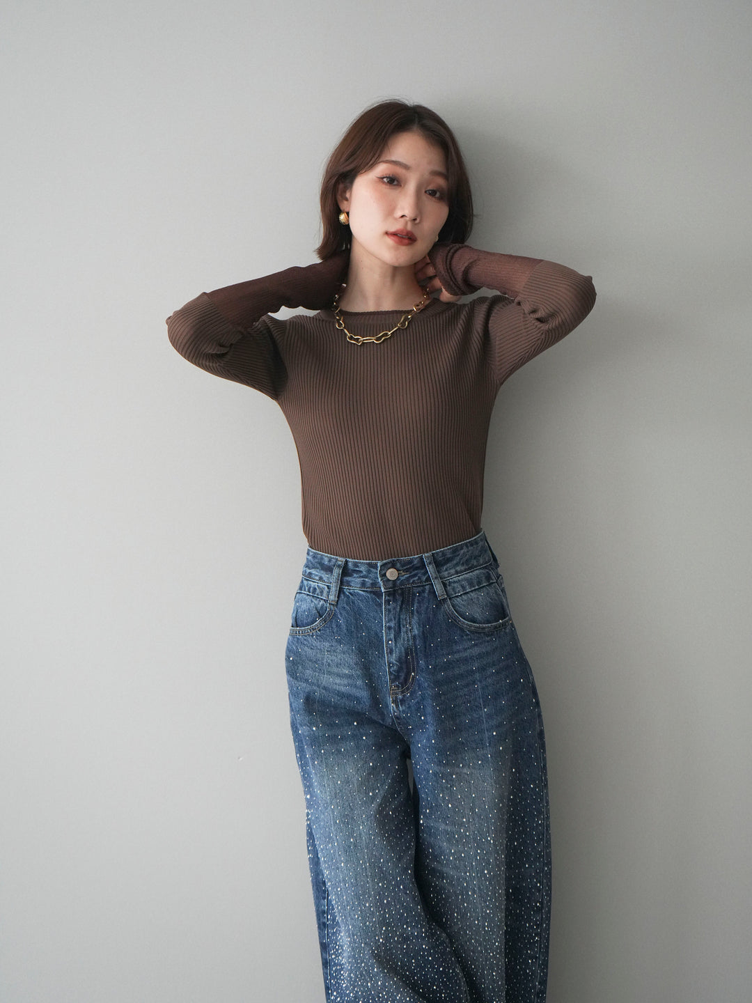 [SET]リブラメシアー切替リブニットトップス+ラインストーンカーブデニムパンツ(2set)