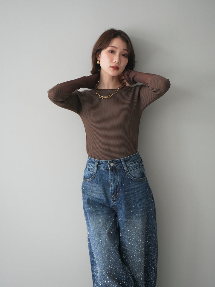 [SET]リブラメシアー切替リブニットトップス+ラインストーンカーブデニムパンツ(2set)