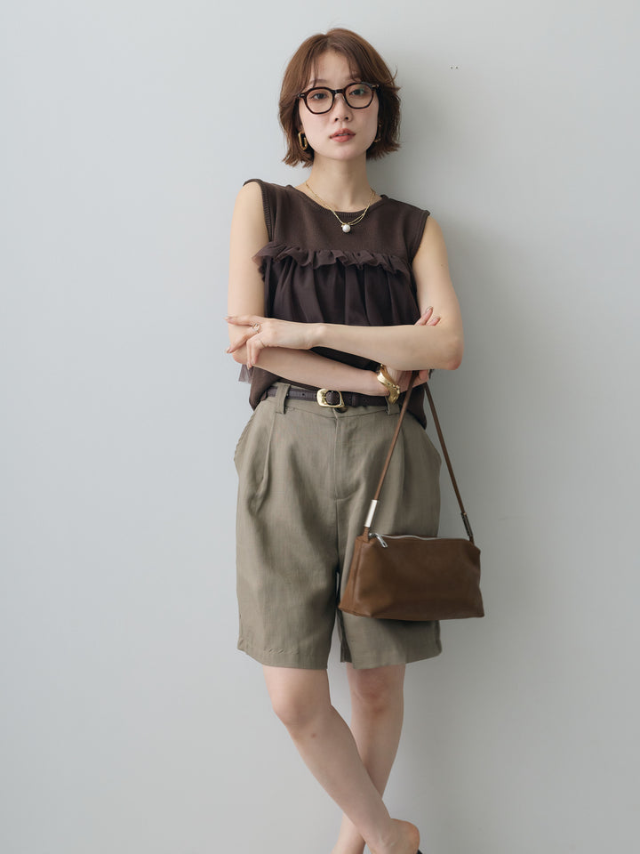 [予約]チュールフリルニットノースリトップス/brown