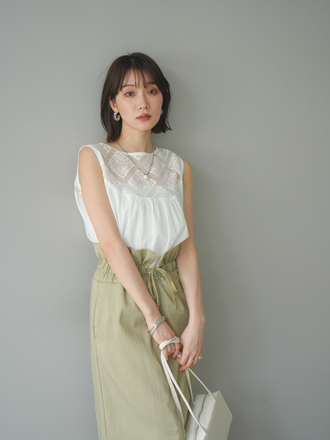 [予約]インド製コットンレース切替ノースリブラウス/オフ