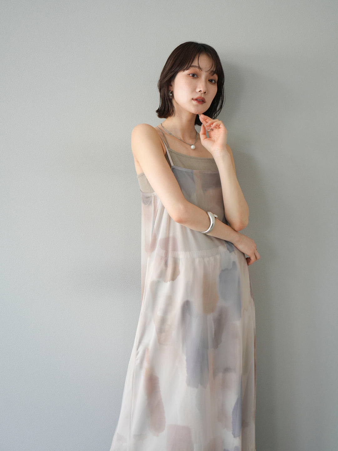 [SET]水彩アートシアーキャミワンピース+カップ付きバッククロスキャミソール(2set)