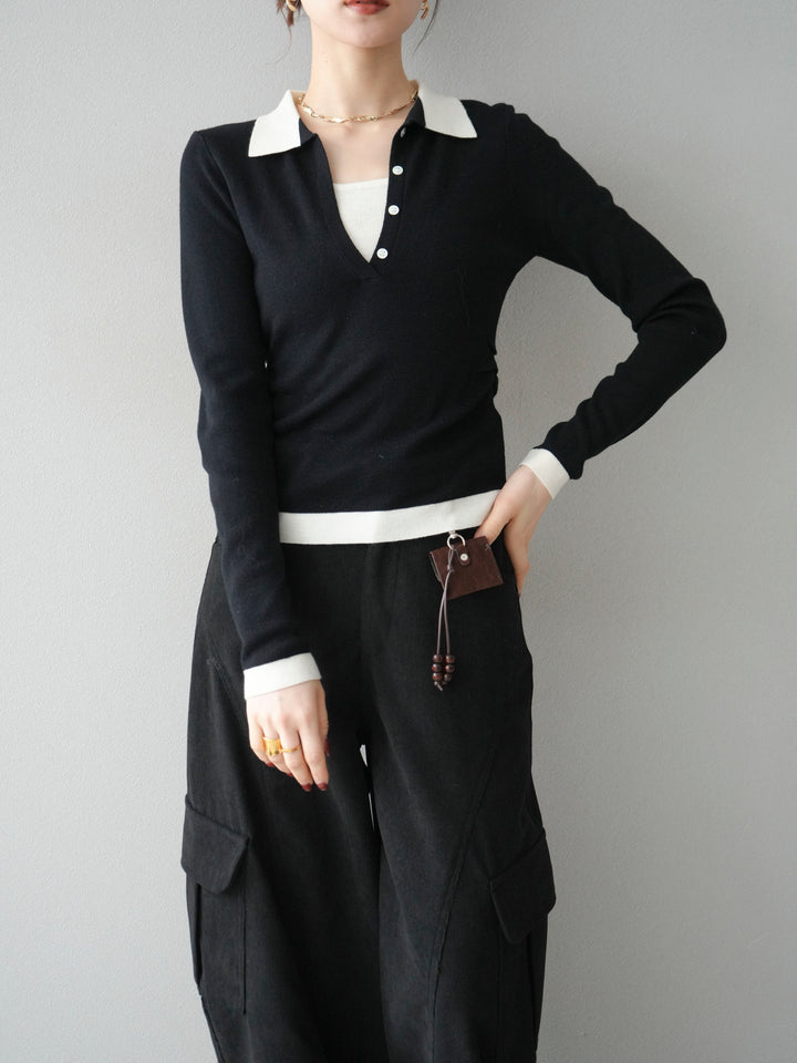 [予約]レイヤード配色ポロニットトップス/black