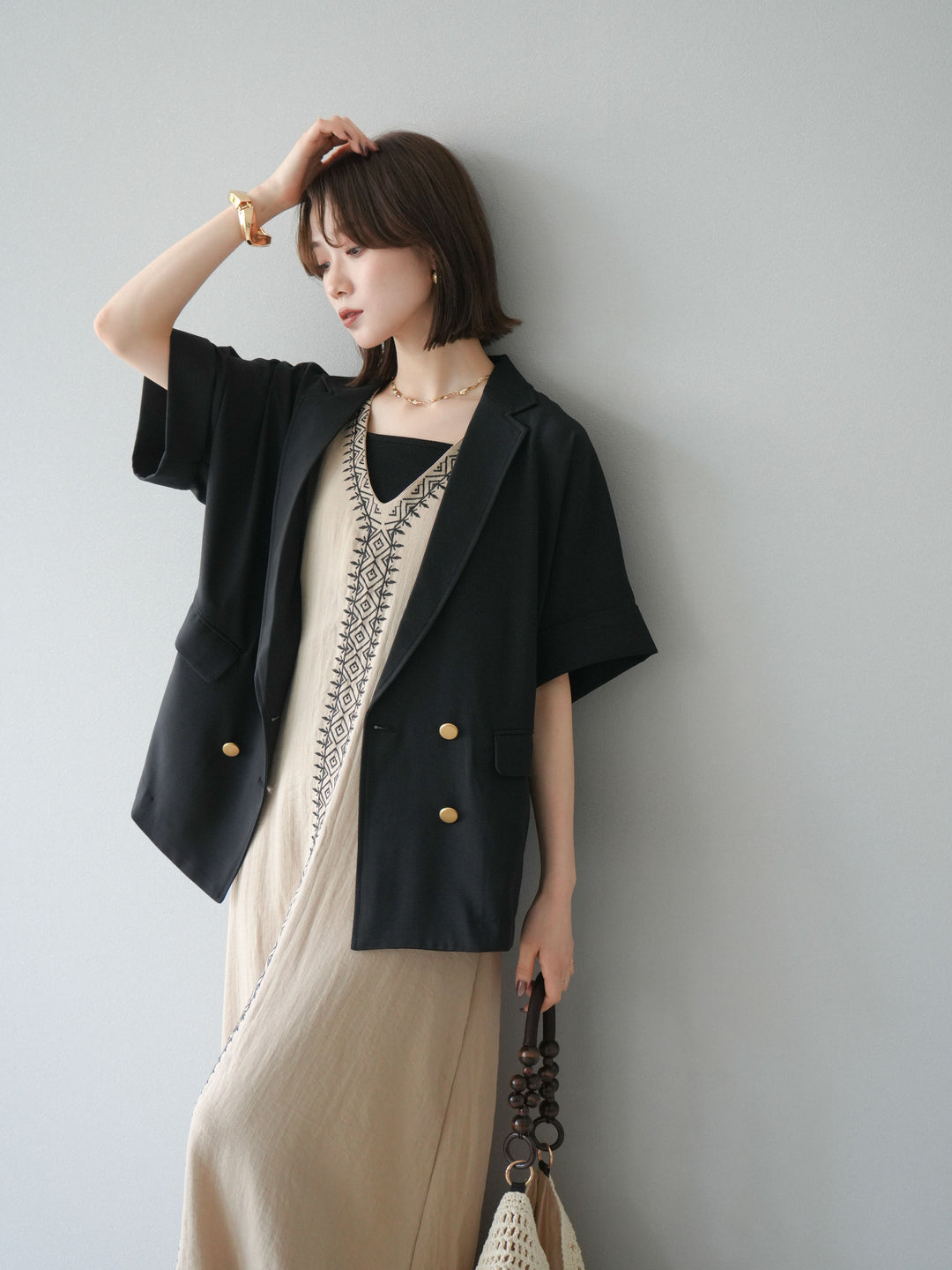 [預購] 金色紐扣半身夾克/黑色