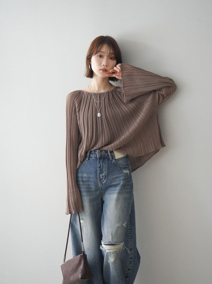 [SET]プリーツシアーフレアスリーブニットトップス+プリーツシアーフレアスリーブニットトップス(2set)