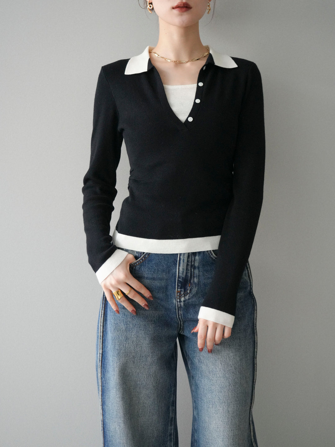 [予約]レイヤード配色ポロニットトップス/black