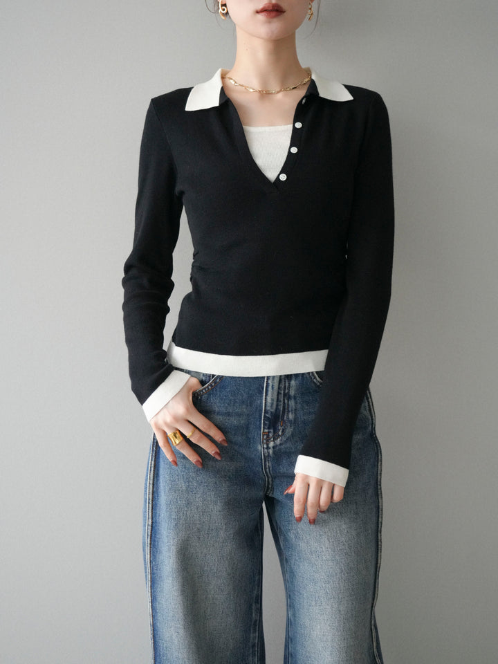 [予約]レイヤード配色ポロニットトップス/black