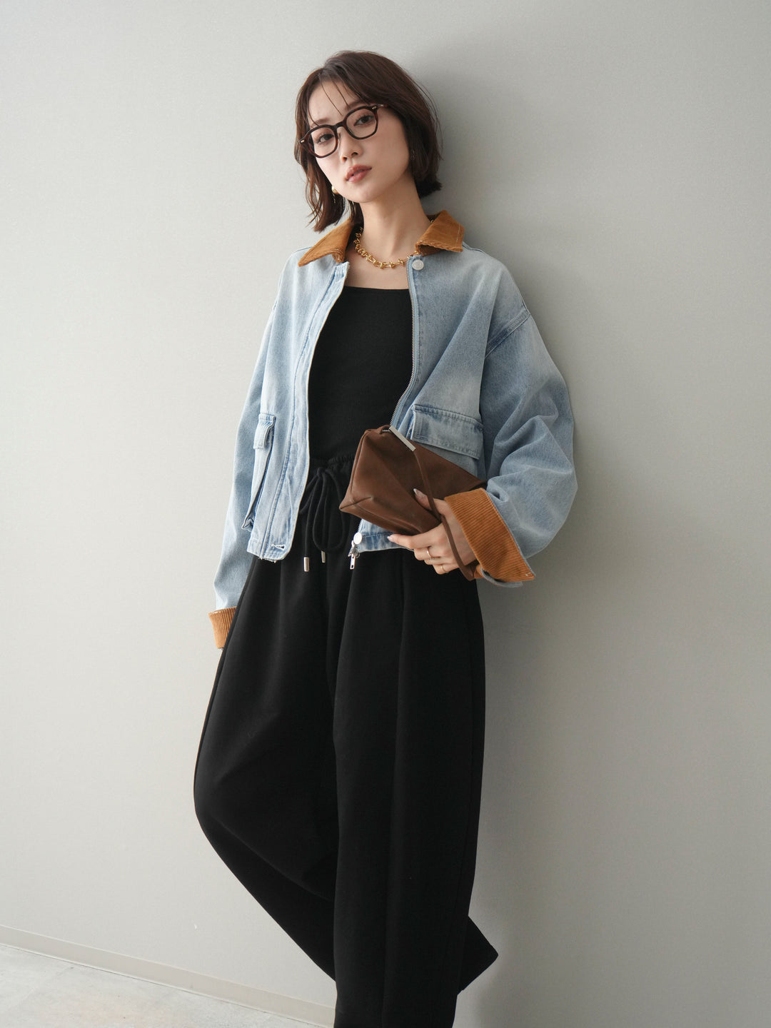 [予約]コーデュロイ×デニムショートカバーオール/bleach