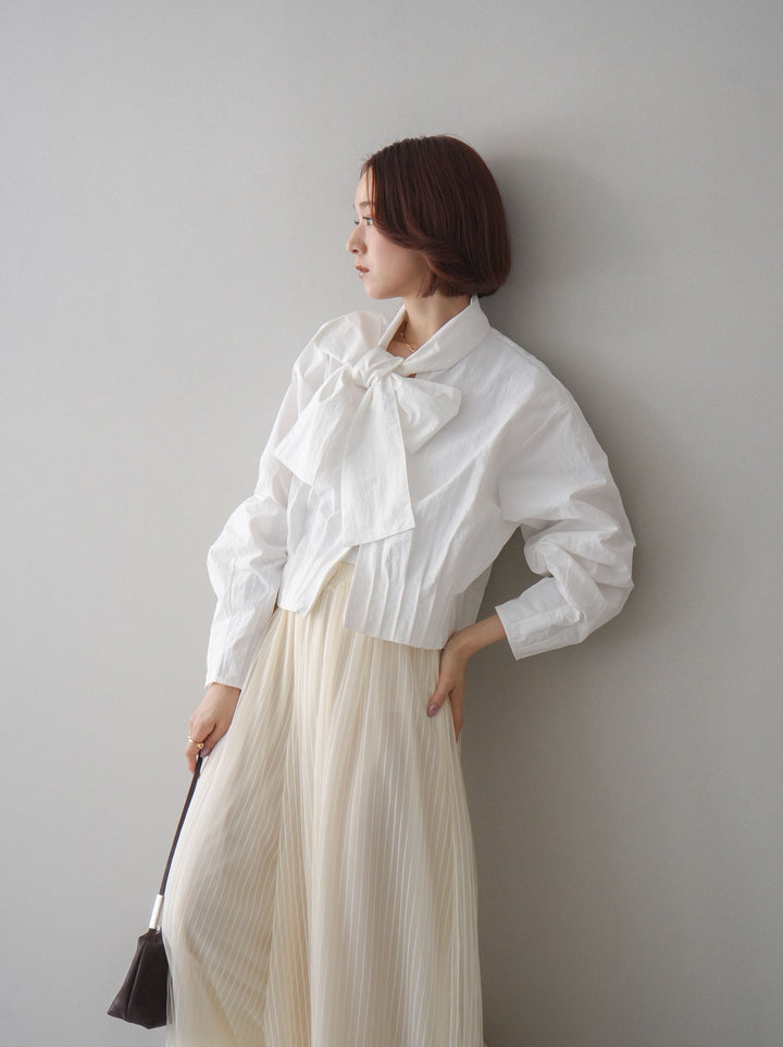 [SET]ボウタイ裾プリーツライトジャケット+ストライプチュールボリュームバギーパンツ(2set)