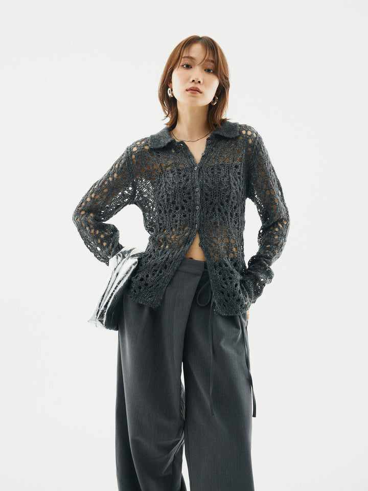 [予約]ローゲージ透かし編みポロニッカーディガン/チャコール