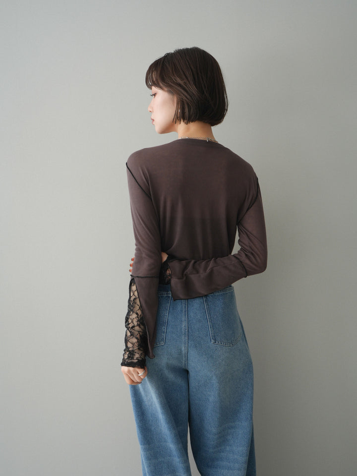 [予約]袖レースレイヤードデザインメロートップス/brown