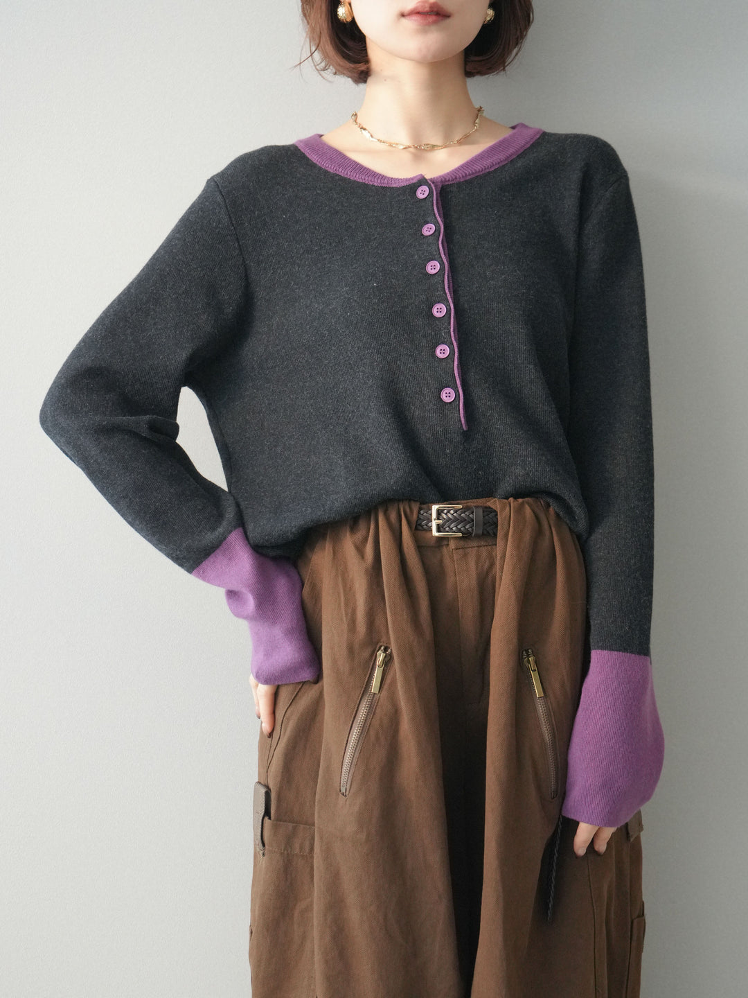 [SET]ヘンリーネック配色ニットソー+コットンタックループパンツ(2set)