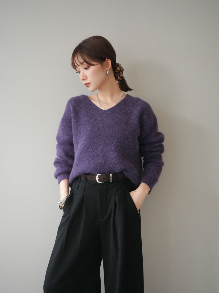 [予約]シュシュ付きアンゴラタッチVネックニットプルオーバー/purple