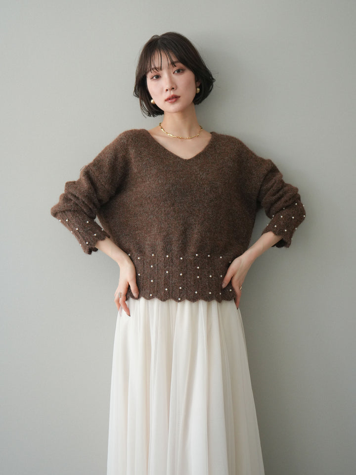 [SET]パールフリルリブヘムニットプルオーバー+チュールボリュームスカート(2set)