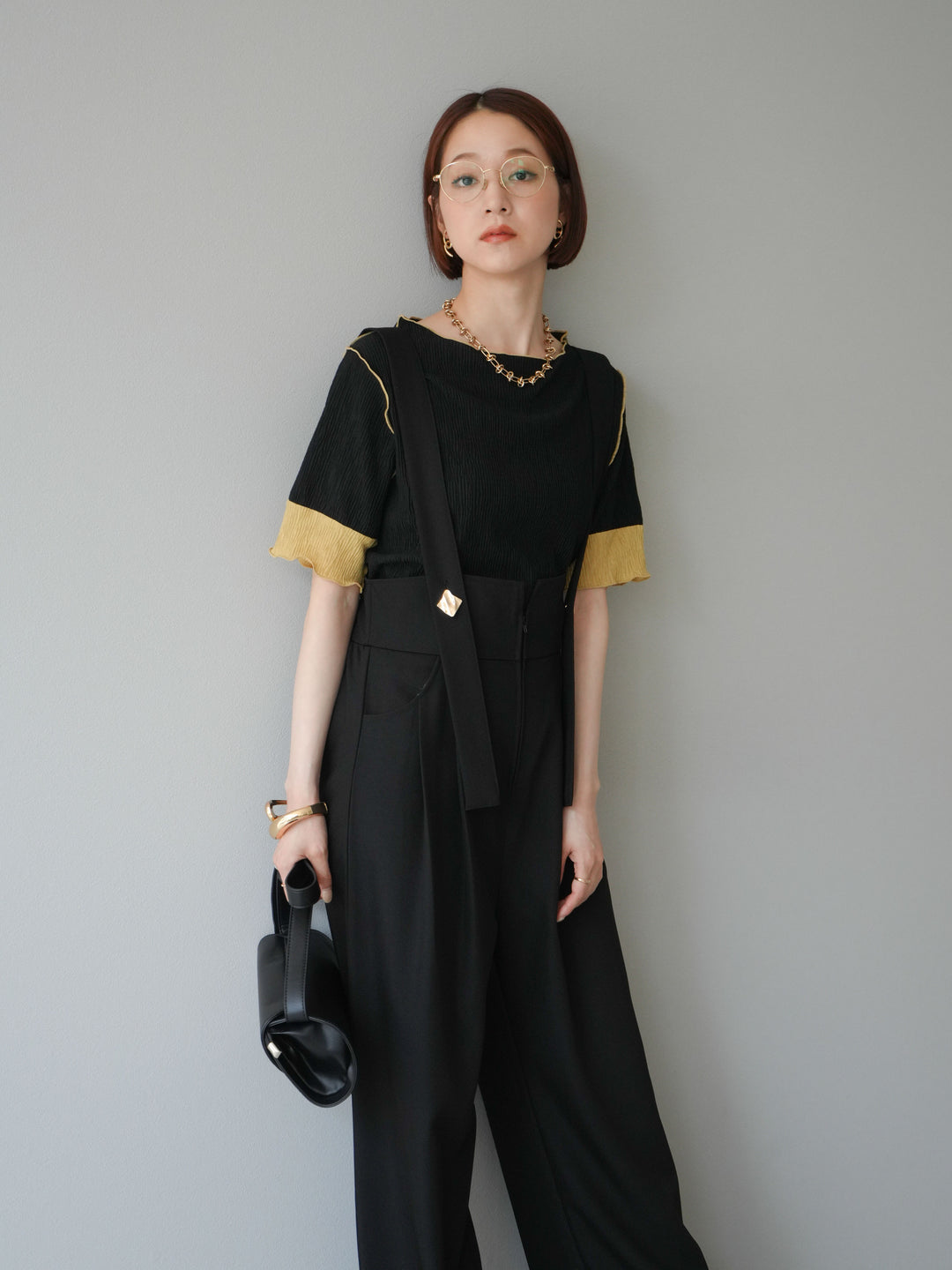 [SET]プリーツ配色ボートネックプルオーバー+ゴールドボタンサスペンダーワイドパンツ(2set)