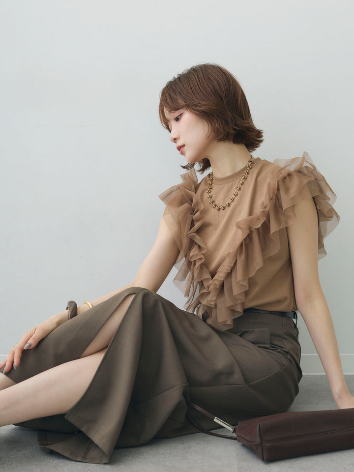 [SET]マルチwayフリルフレンチTEE+クレープデシンフラップ付きストレートスカート(2set)